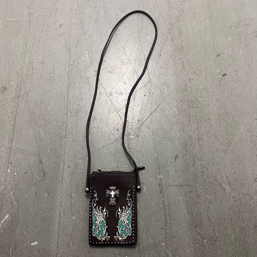 American Bling Western Leather Embossed‎ Turquoise Cross Studded Crossbody Bag